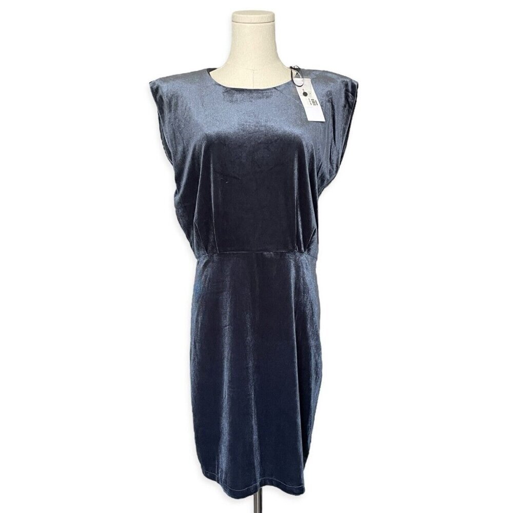 Bishop + Young NWT Hayden Velvet Dress Womens Sz L Blue Shift Knee Length Retro